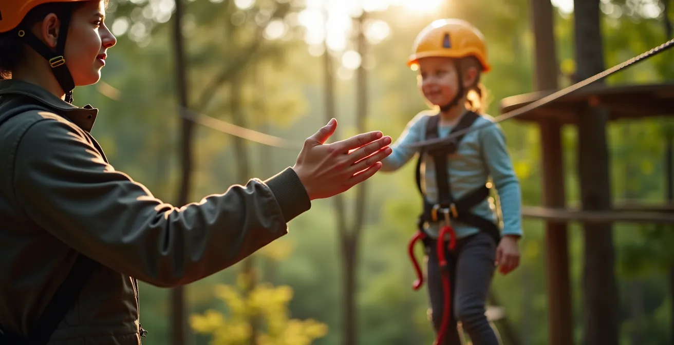 Trainer beruhigt blockiertes Kind im Hochseilgarten mit professioneller Kommunikation