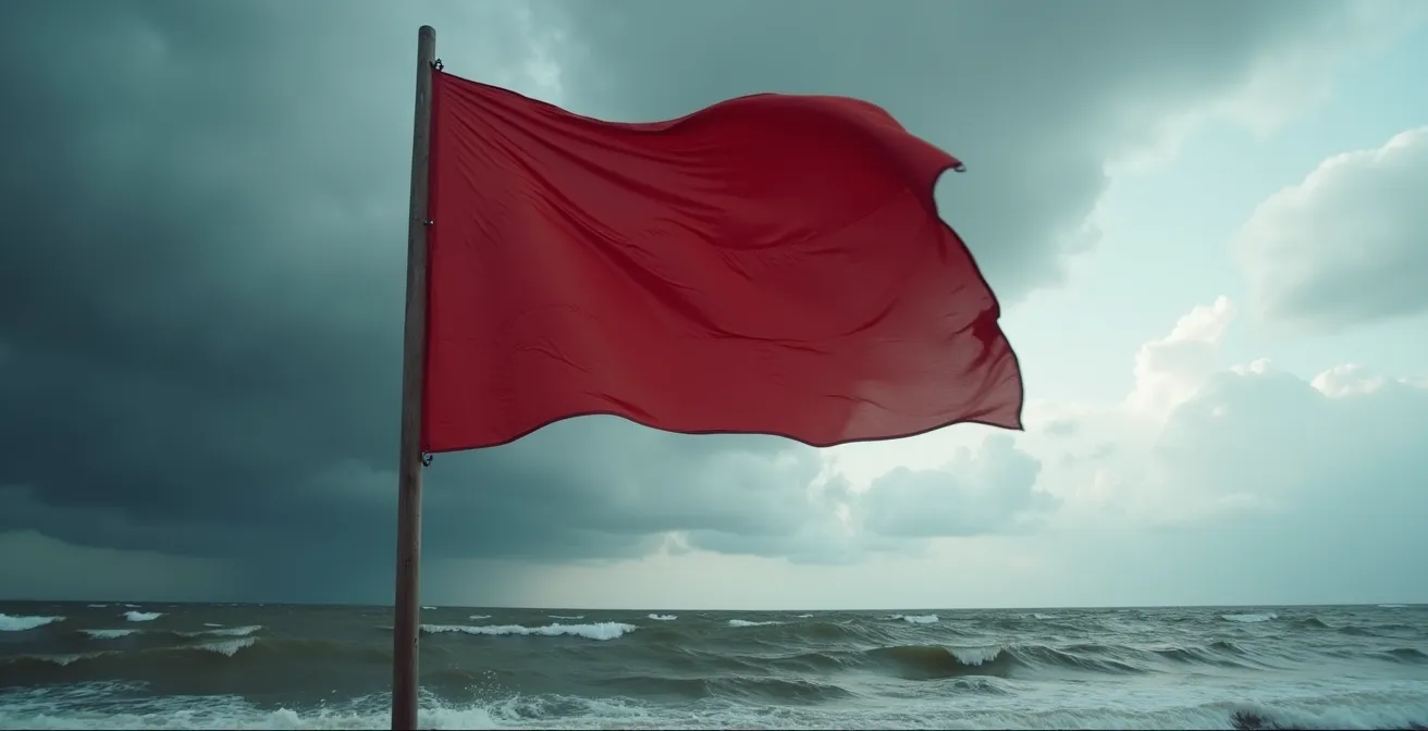 Rote DLRG-Flagge weht am Ostseestrand bei stürmischem Wetter als Warnsignal