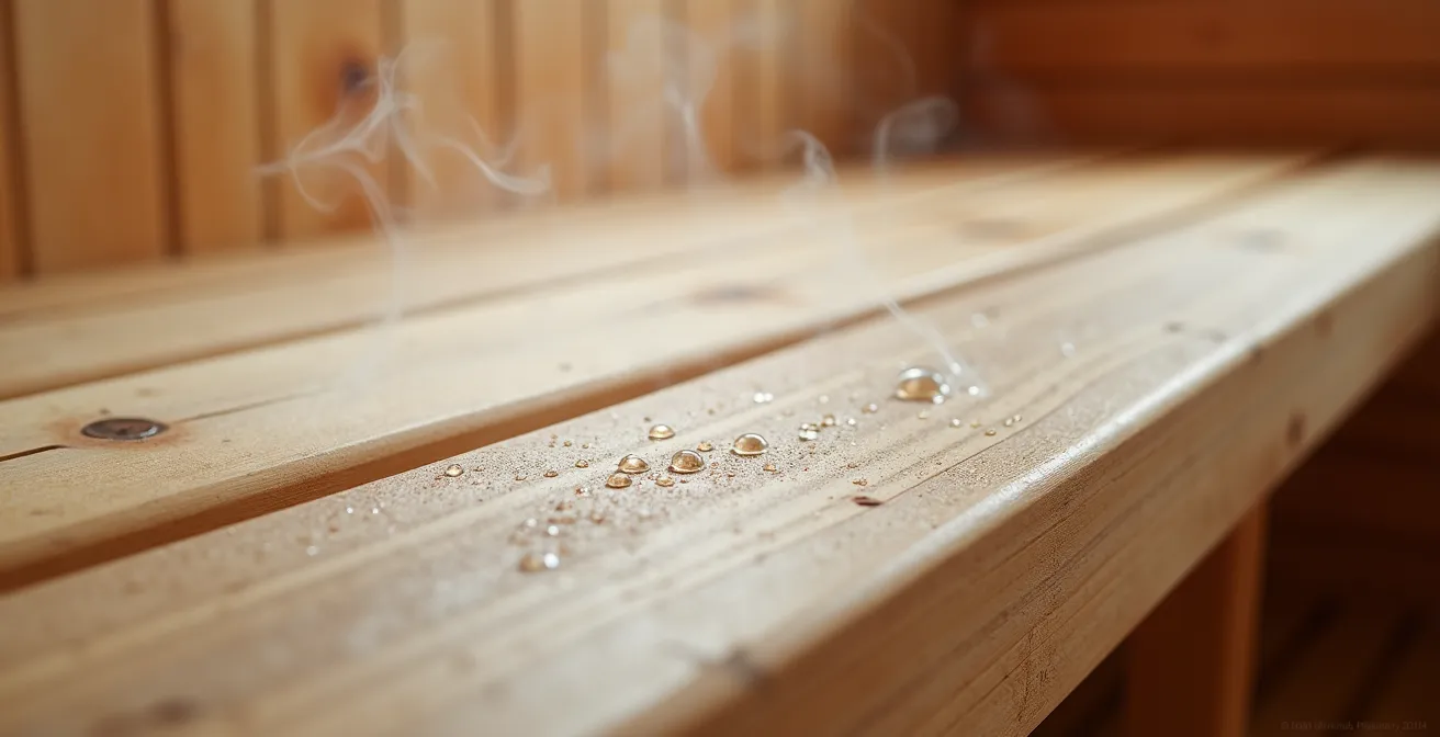 Makroaufnahme von frisch gereinigtem Saunaholz mit Wassertropfen