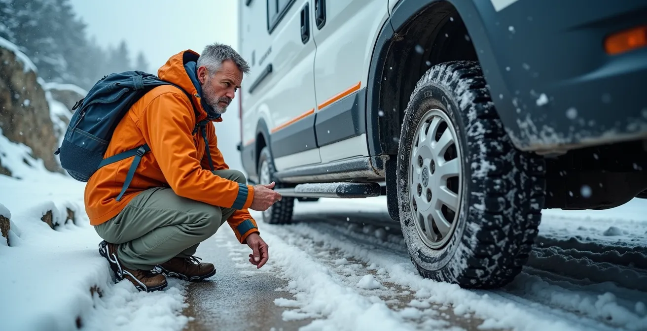 Wohnmobilfahrer montiert Schneeketten bei Sommerschnee am Alpenpass