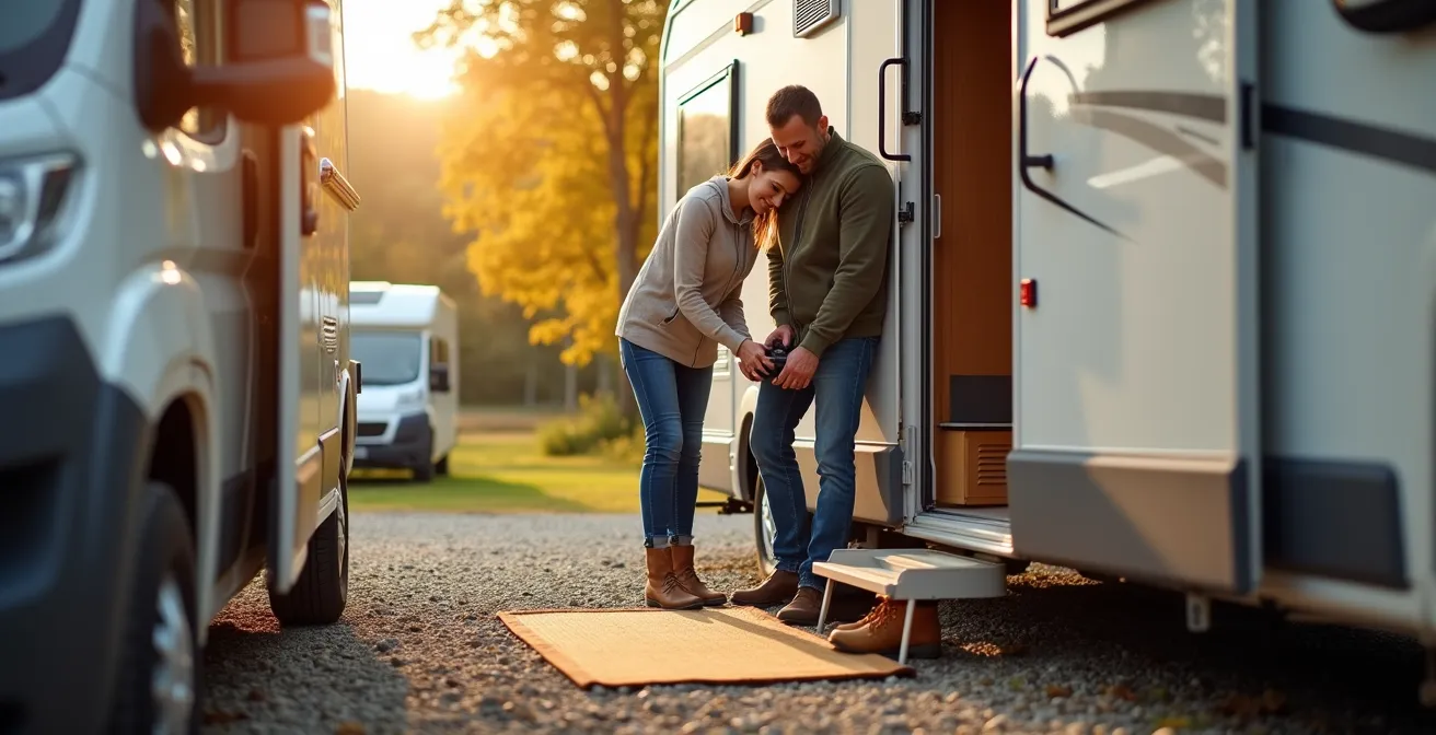 Schotterplatz mit Fußmatte und Schuhablage vor Wohnmobileingang