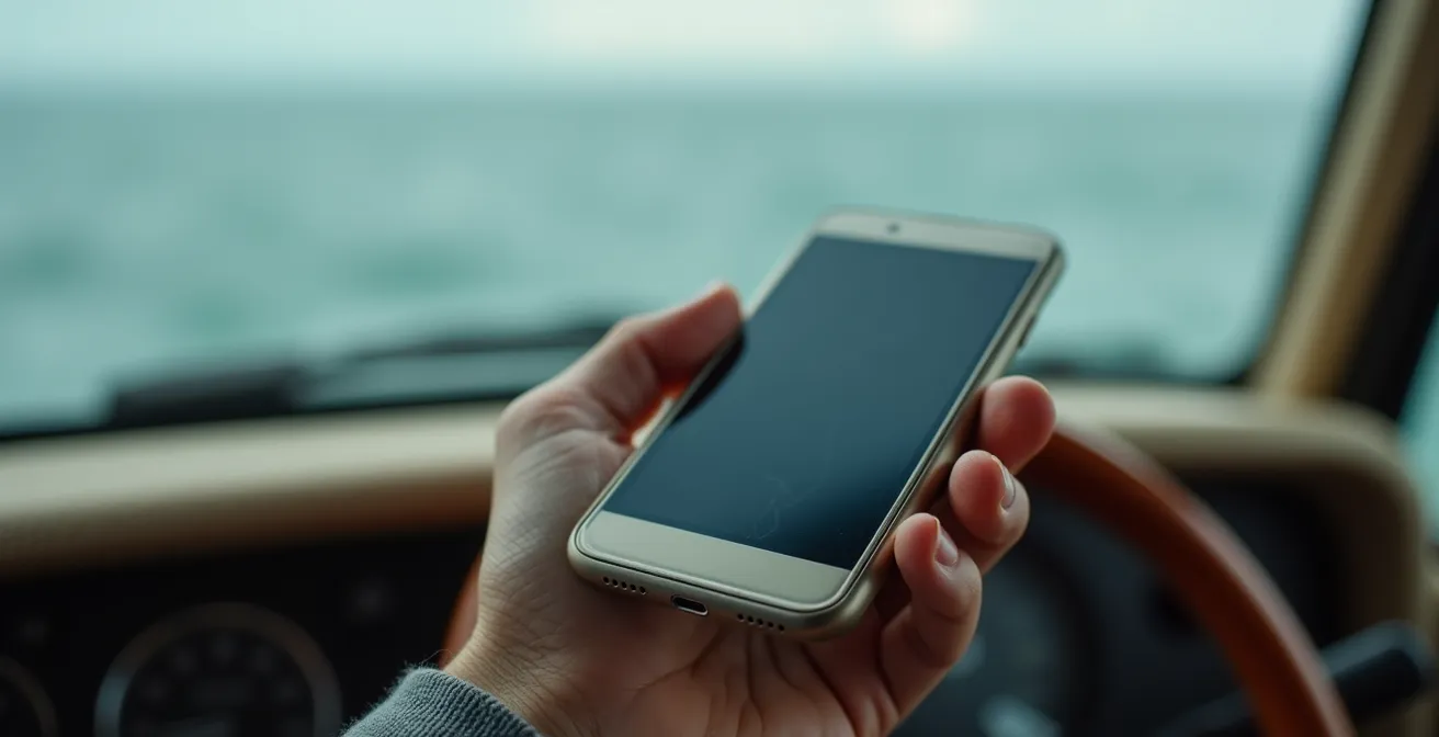 Hand hält Smartphone mit Camping-App bei der Stellplatzsuche am Armaturenbrett eines Wohnmobils mit Blick auf die Ostsee