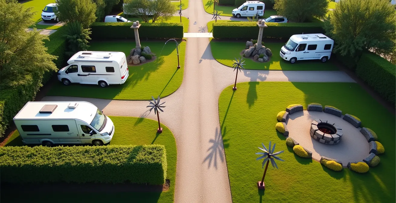 Vogelperspektive eines Campingplatzes mit Windrichtungspfeilen und strategisch platzierten Wohnmobilen