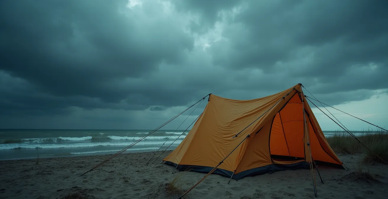 Dramatische Sturmszene mit gesichertem Vorzelt an der deutschen Ostseeküste