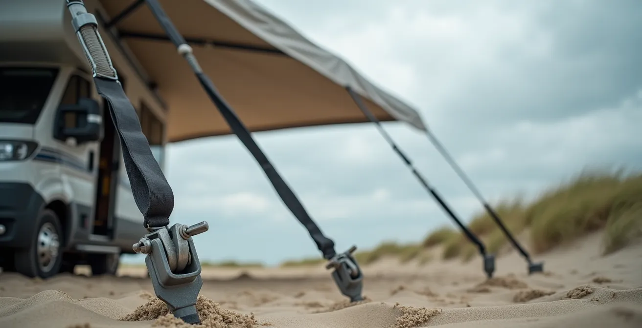 Professionelle Sturmabspannung mit Spezialhaken im Sandboden