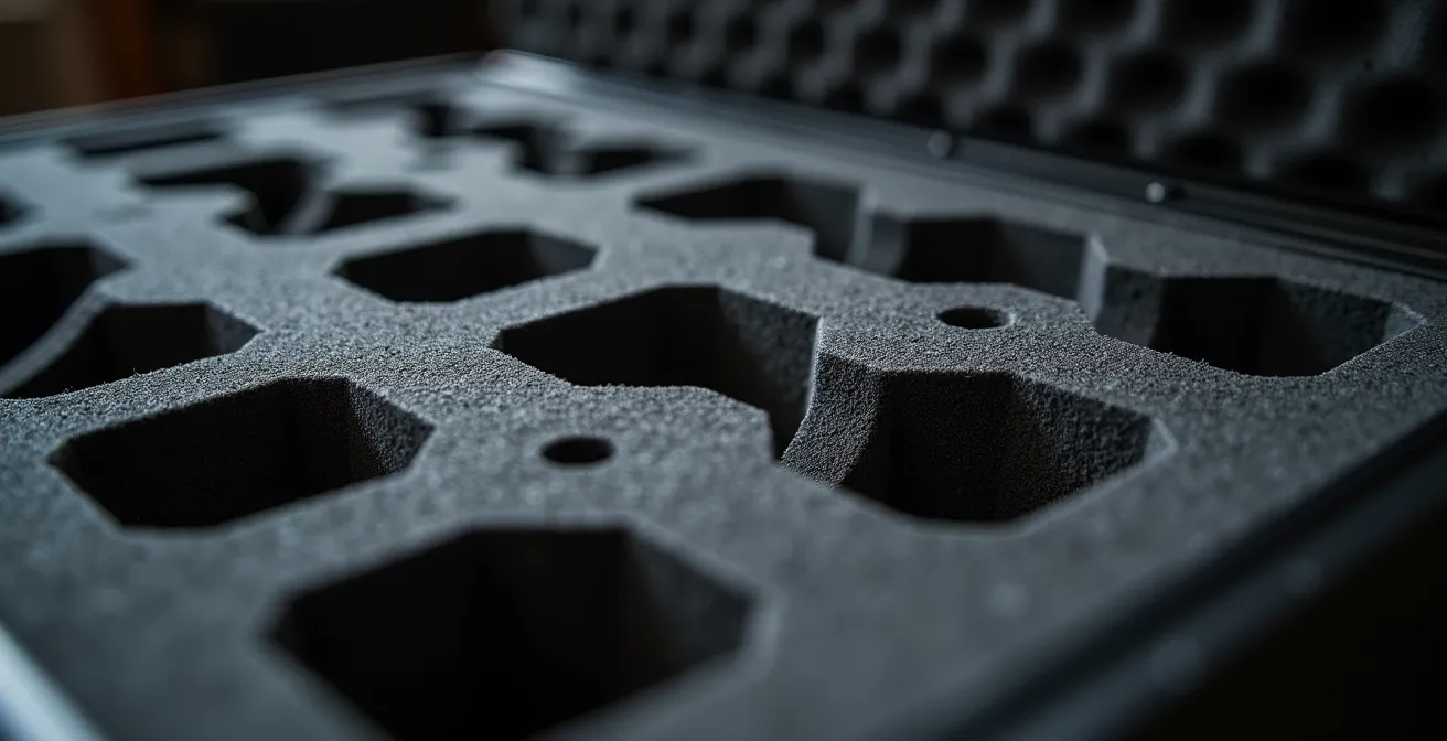 Maßgeschneiderte Schaumstoffeinlage in Eurobox mit sicher gelagertem Teleskop für den Transport