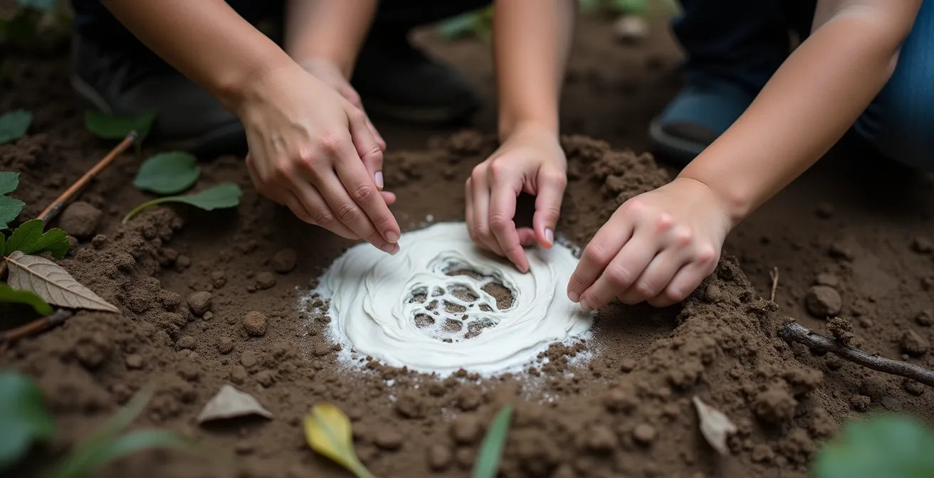 Kinderhände erstellen einen Gipsabdruck einer Tierspur im Waldboden, um das Waldabenteuer festzuhalten.