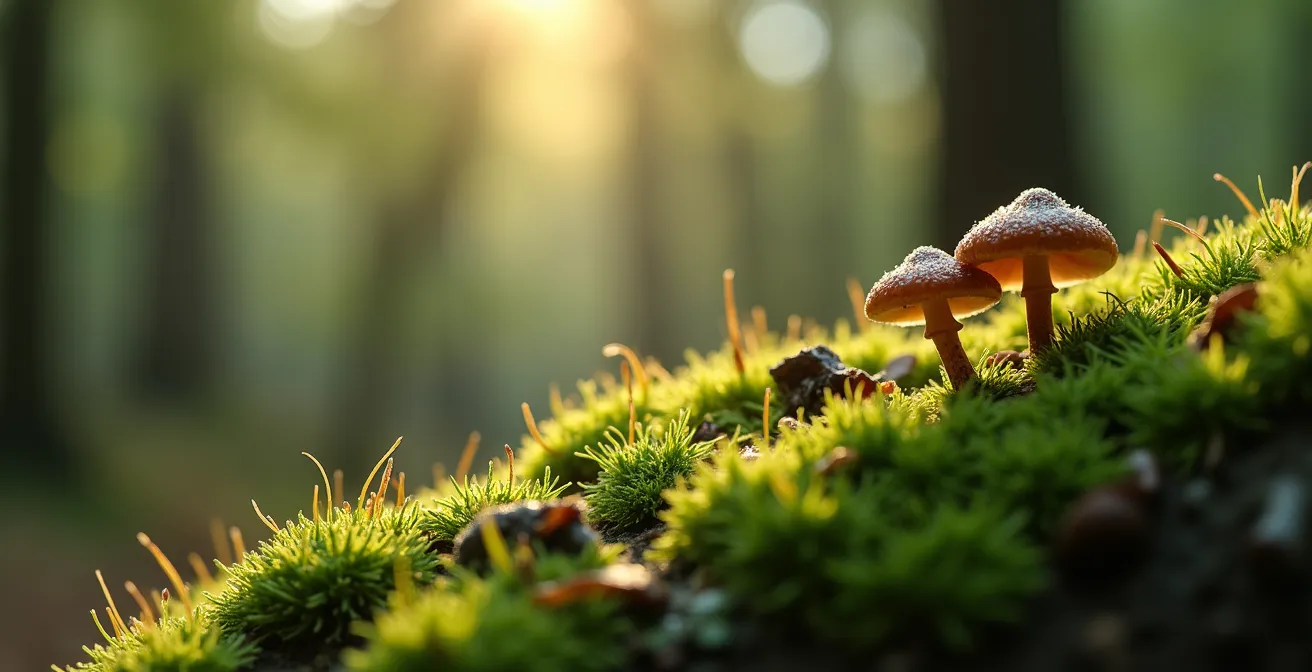 Achtsame Waldwahrnehmung: Eine Makroaufnahme von Moos und Pilzen auf Baumrinde im deutschen Buchenwald.