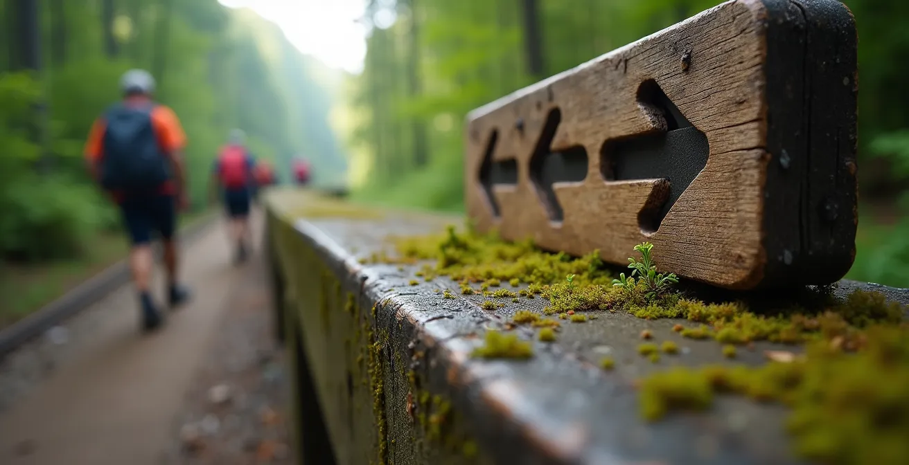 Bahnsteig im Wald als Tor zum Nationalpark mit Wanderwegweisern