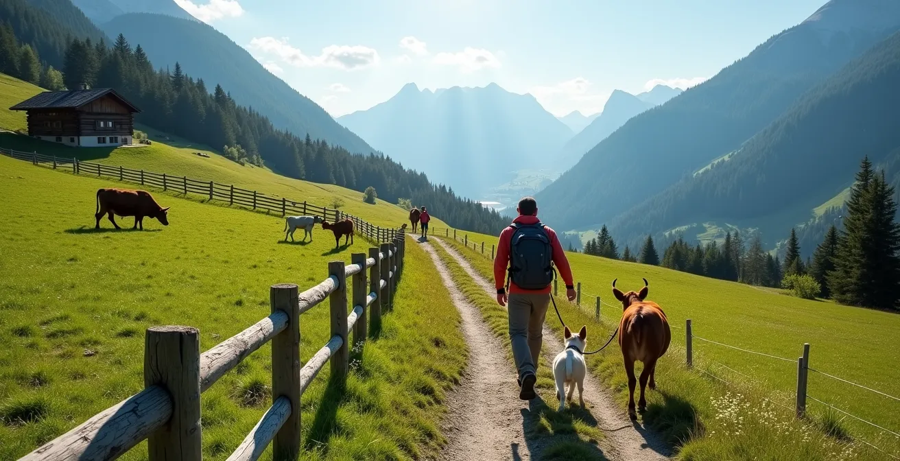 Wanderer mit angeleintem Hund hält respektvollen Abstand zu Kuhherde auf Almwiese