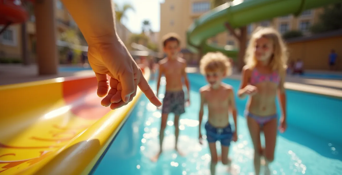 Eltern prüfen gemeinsam mit Kindern die Sicherheit einer Wasserrutsche auf dem Campingplatz