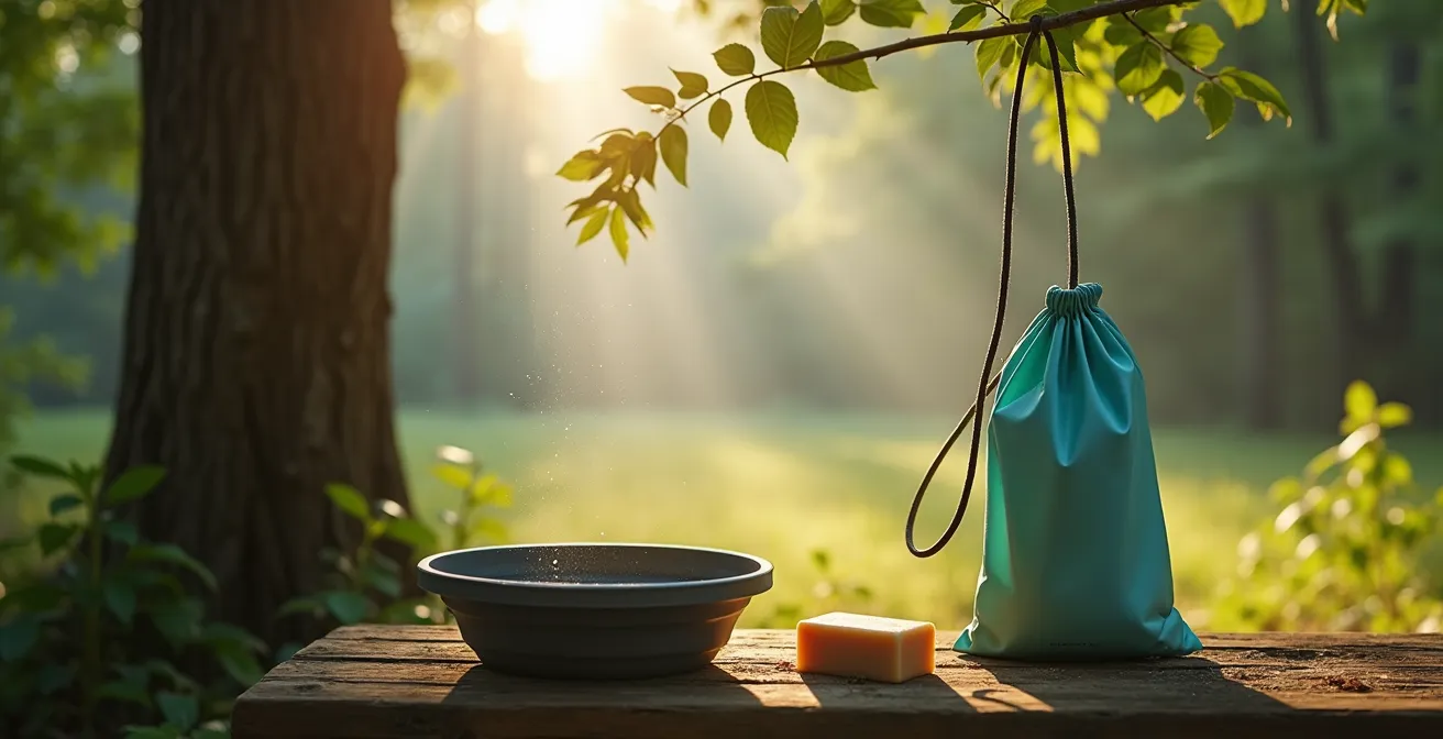 Minimalistische Campingdusche in natürlicher Umgebung mit Wasserspar-Equipment