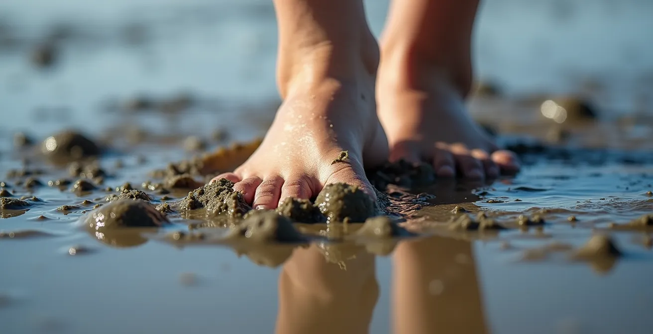 Familie erkundet barfuß das Wattenmeer bei Ebbe