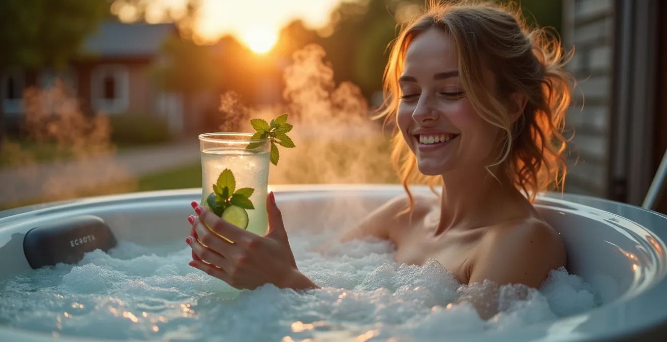 Entspannte Person im Whirlpool genießt ein gesundes Getränk bei Sonnenuntergang auf einem Campingplatz