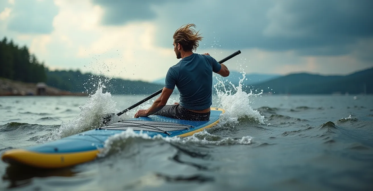 SUP-Paddler kämpft gegen starken Wind auf deutschem See mit Schaumkronen