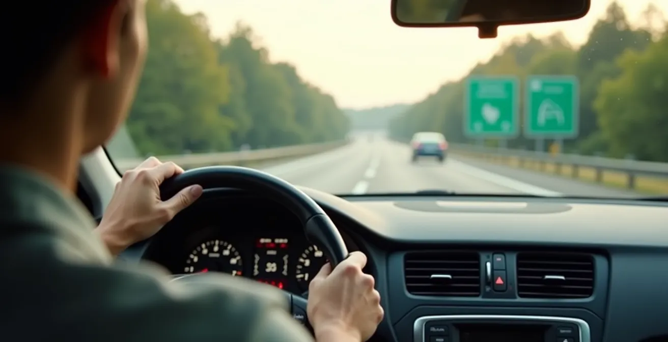 Wohnmobil auf deutscher Autobahn mit aerodynamischer Dachklimaanlage