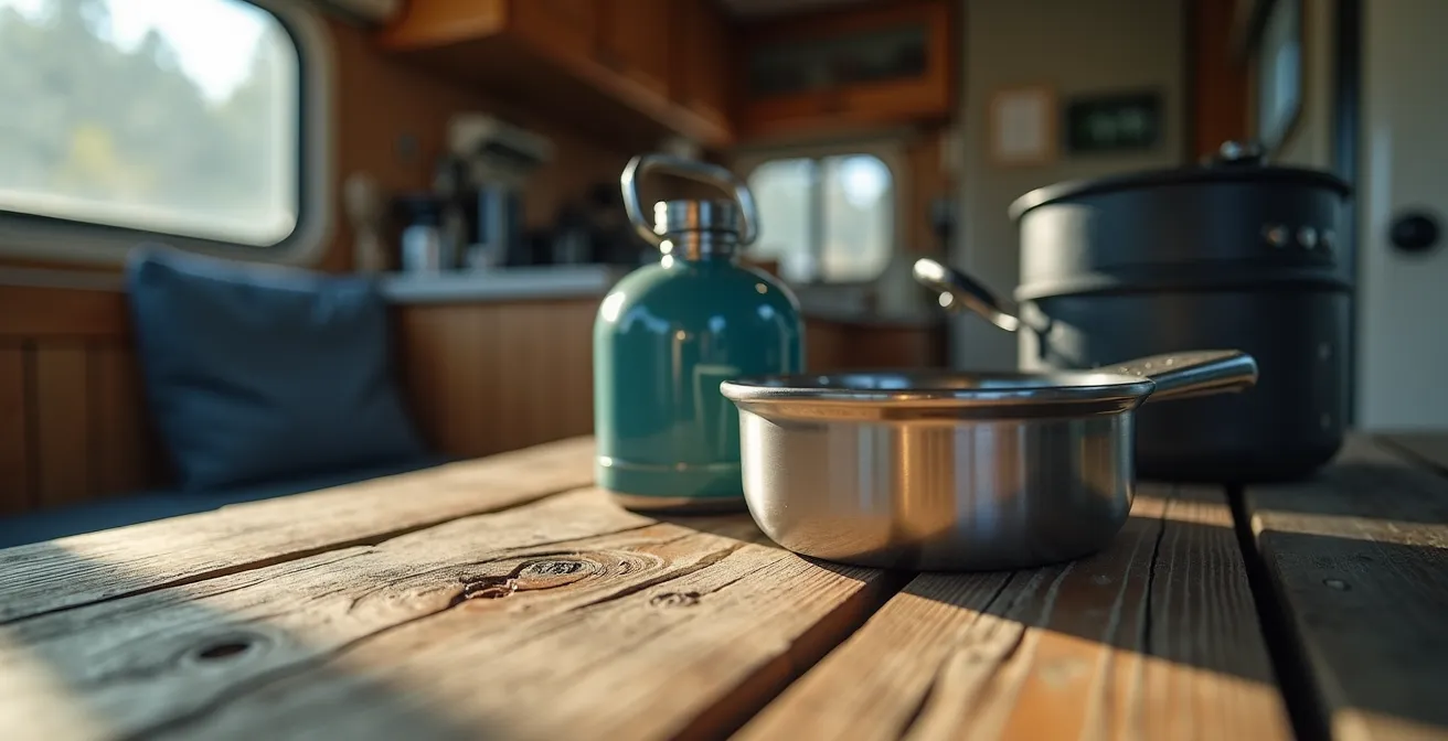 Makroaufnahme von leichten Camping-Ausrüstungsgegenständen auf Holztisch