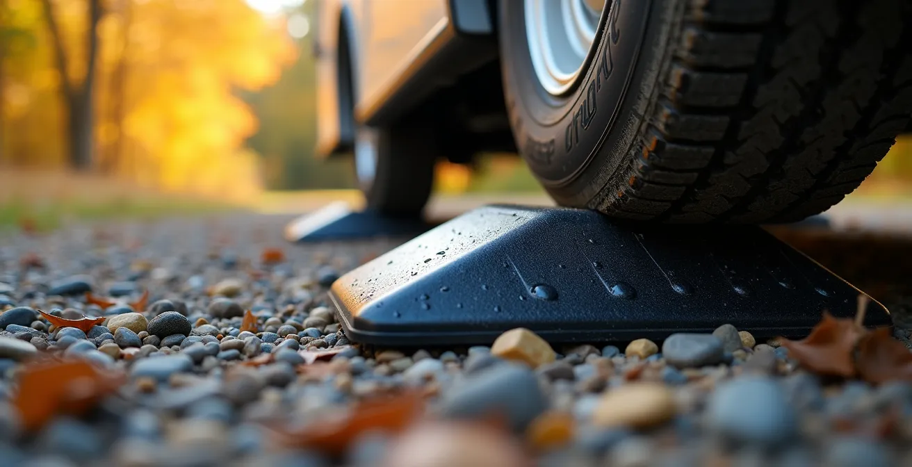 Nahaufnahme von Auffahrkeilen unter Wohnmobilreifen auf Schotter