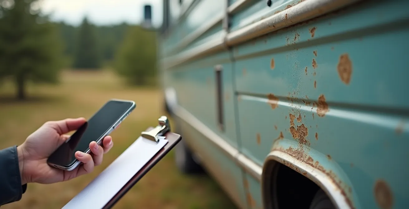 Eine Person dokumentiert mit dem Smartphone akribisch einen kleinen Kratzer an der Außenwand eines Wohnmobils bei der Übergabe.