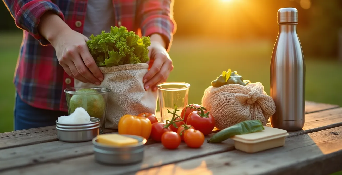 Zero Waste Camping-Ausstattung mit wiederverwendbaren Behältern und Stoffbeuteln