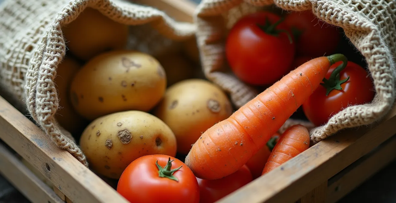 Nachhaltiger Markteinkauf mit wiederverwendbaren Behältern und Stoffbeuteln