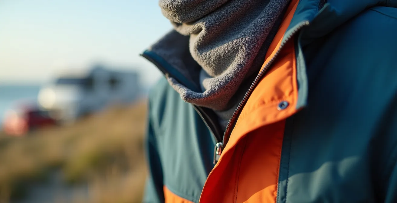 Nahaufnahme mehrerer Kleidungsschichten mit Fleecejacke an der windigen Nordseeküste